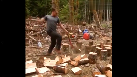 This woodcutter must be the highest grade of chopping firewood.
