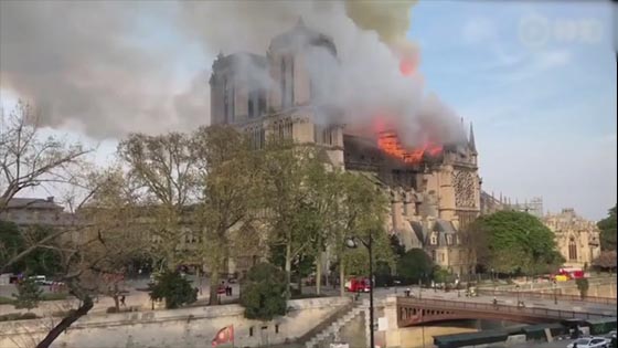A fire scene occurred in Cathédrale Notre Dame de Paris France, where the shaft tower collapsed in the fire in 852 years destroy.