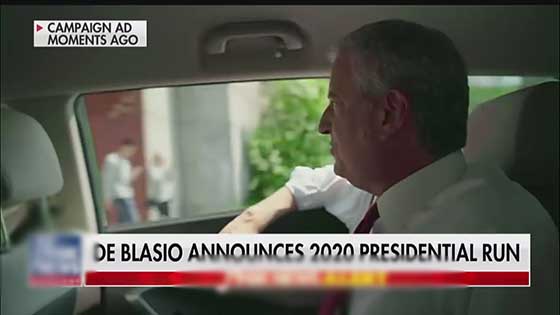 New York City Mayor Bill de Blasio announces campaign for US president and Trump