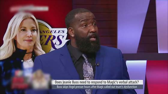 Kendrick Perkins reacts to Jeanie Buss but not responding to Magic's comments.