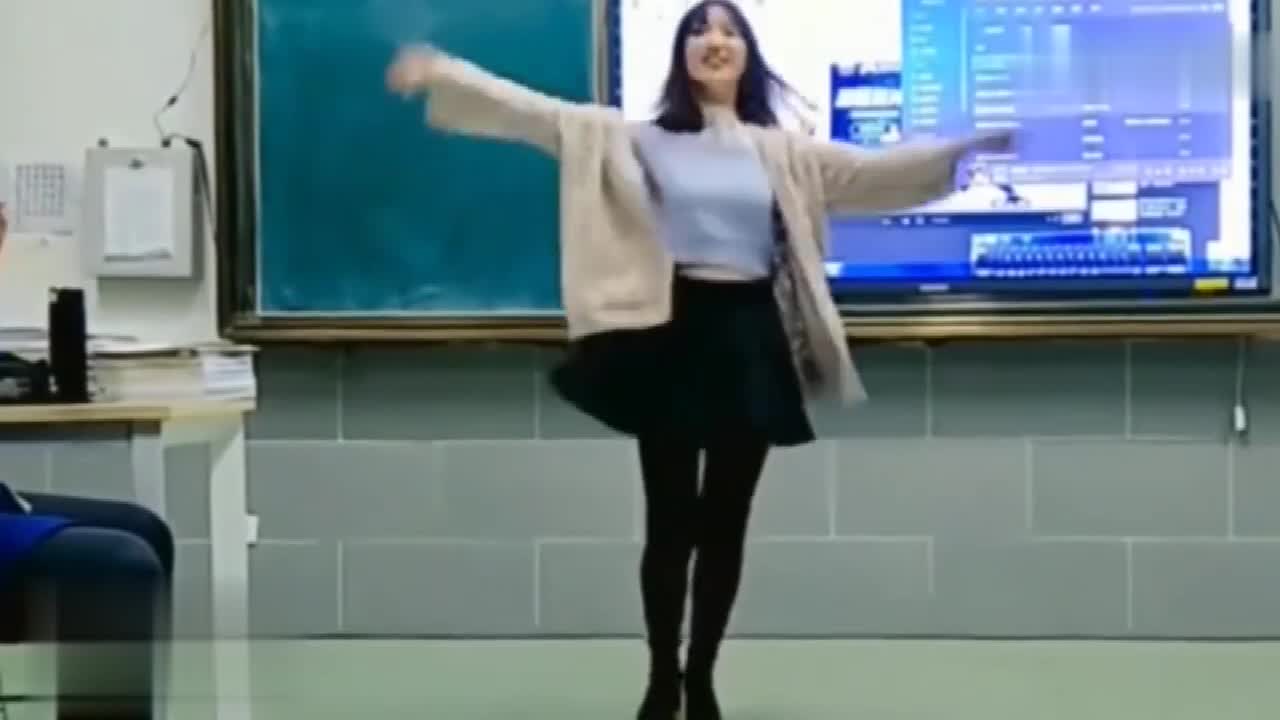 Beauty teacher in the classroom jump 