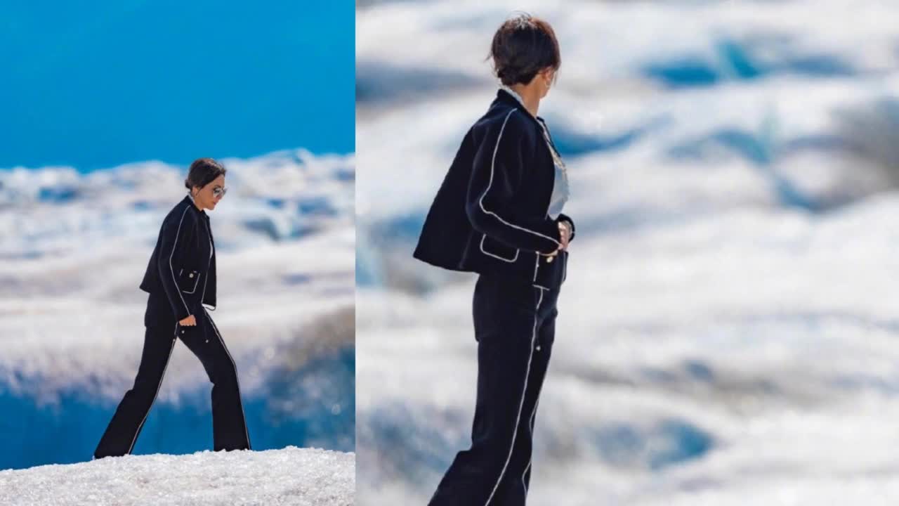 Carina Lau's Vigorous Belt Pants and Sunglasses for Aging Reduction by Helicopter Climbing to Snow Mountain