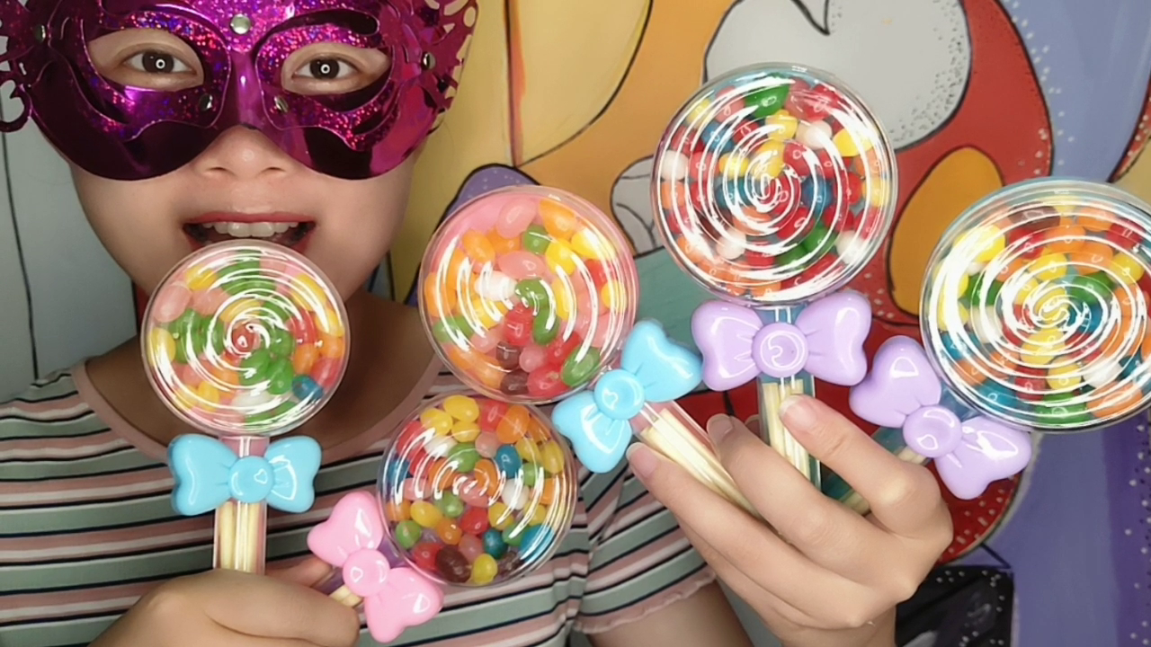 Miss and sister eat lollipop candy, straw candy and colorful fudge, sweet and delicious really delicious