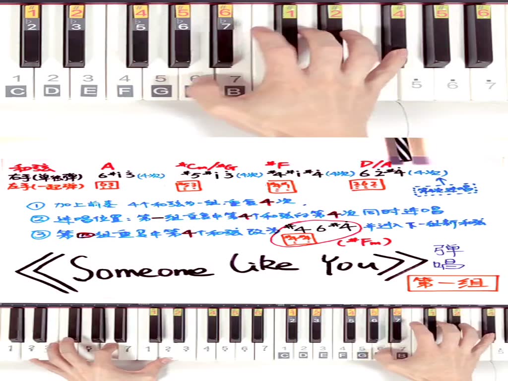 Adele's "Someone Like You" is played on the piano (original tune). The first group and four chords are played four times in a group, and each group repeats four times.