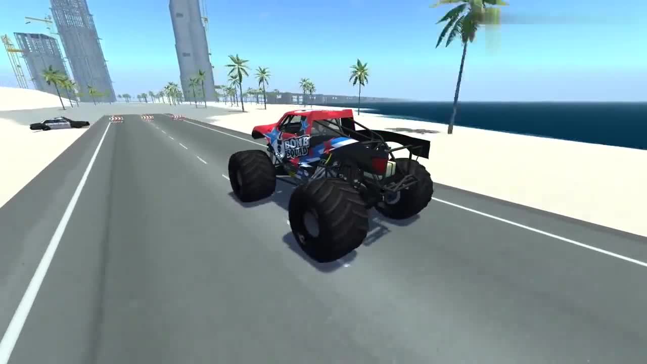 BeamNG: The monster truck is driving at full speed towards the smooth and frozen road. The picture is so sour.