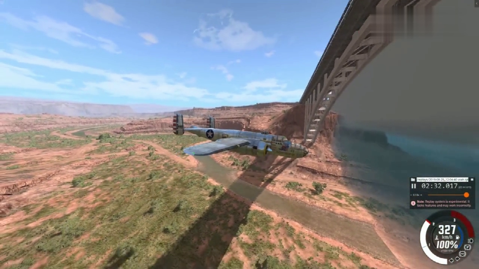 BeamNG: There's a wall of water in the air! The plane drilled through the bridge hole and hit it head-on.