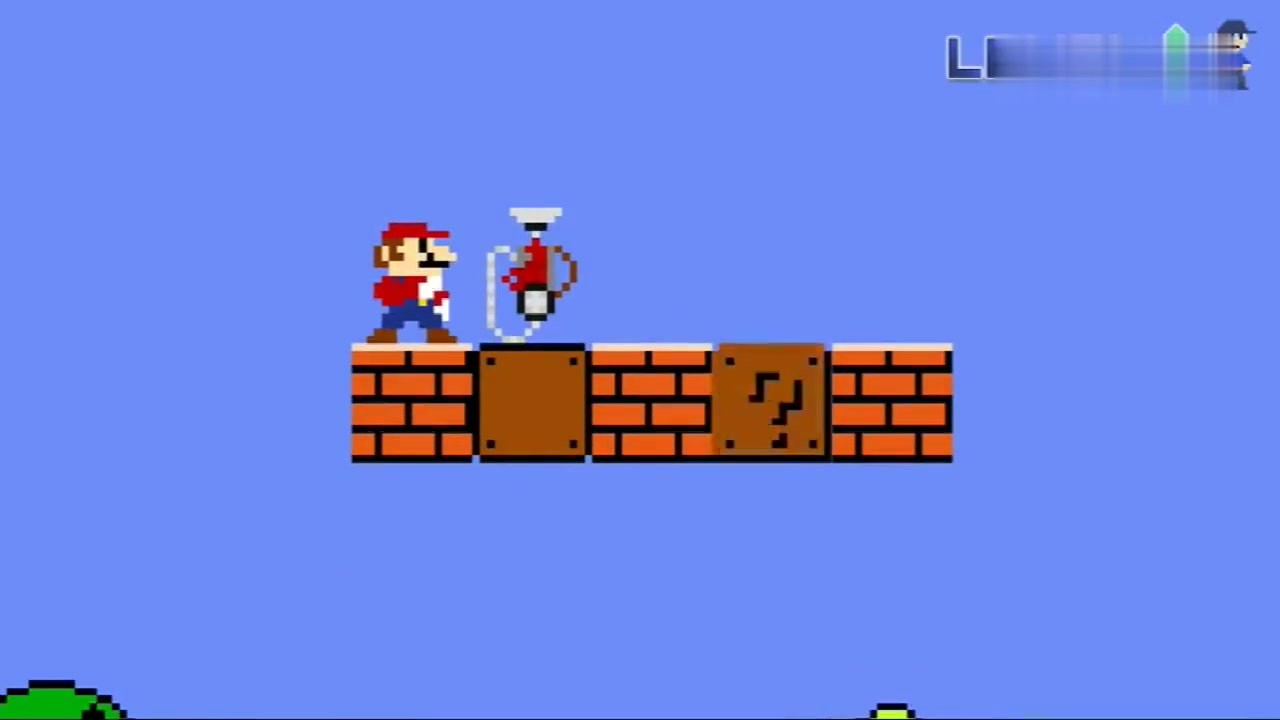 Super Mario breaks through with a vacuum cleaner on his back