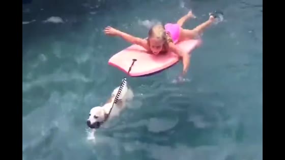 The baby learns to swim and the dog pulls the owner ashore.