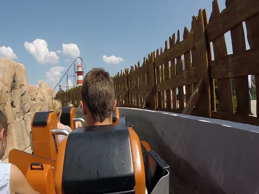 A near-vertical water roller coaster